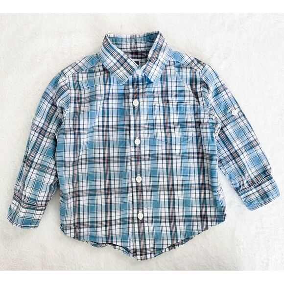 EUC! Janie and Jack Baby Boy Navy Blue Plaid Check Roll Cuff Shirt 18-24‎ Months - Picture 1 of 4